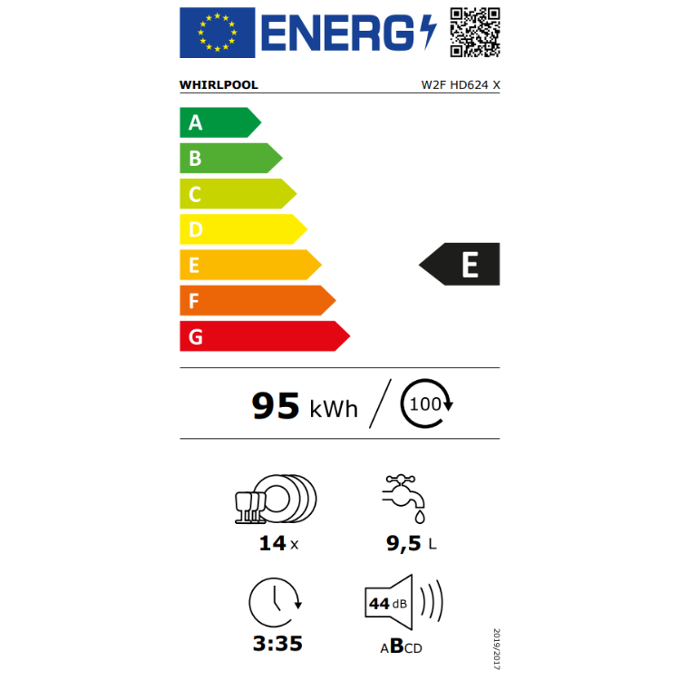 Etiqueta energética da máquina de lavar loiça Whirlpool W2F HD624 X, eficiência E, 95 kWh/100ciclos, 14 conjuntos.