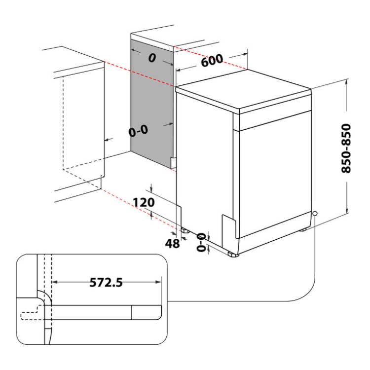 Máquina de lavar loiça Whirlpool W2FHD624X, dimensões: 60cm x 85-85cm x 57.25cm. Vista isométrica e planta com medidas.
