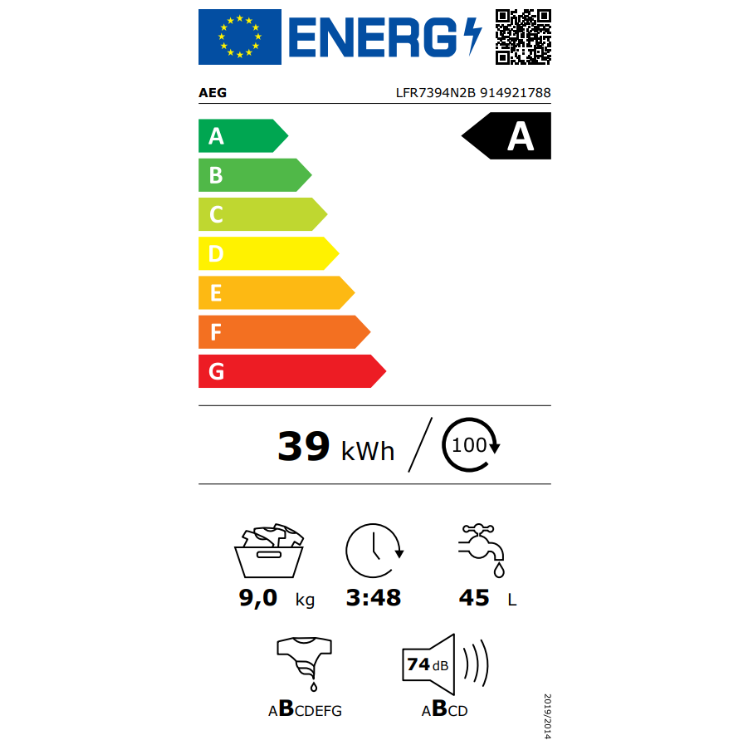 Máquina de Lavar Roupa AEG LFR7394N2B 9Kg 1400RPM Classe A Branco