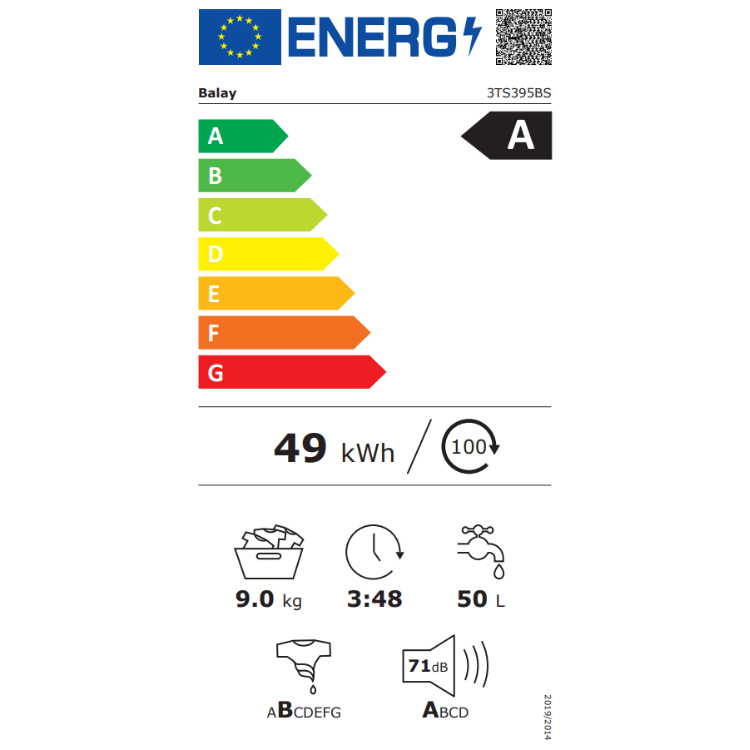 Balay 3TS395BS energy label, Class A, 9kg, 49kWh.