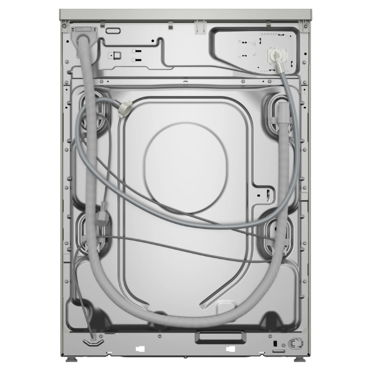 Bosch Serie 6 washing machine back panel, stainless steel, with exposed wiring and tubes.