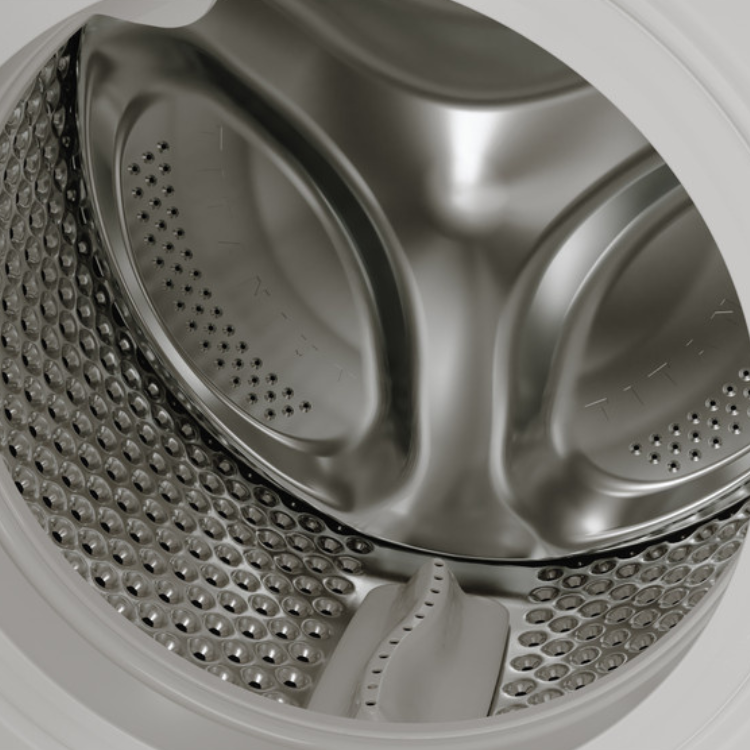 Whirlpool washing machine drum interior, stainless steel, dimpled surface.