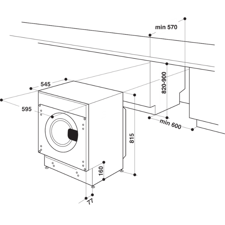 Whirlpool built-in washing machine dimensions diagram, front and side view, 8kg, 1400RPM, Class C.