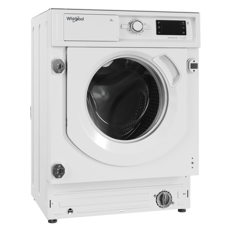 Whirlpool 8kg 1400RPM white front-loading washing machine with digital display.