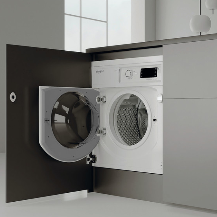 Whirlpool white built-in washing machine, 8kg, 1400RPM, front loader.
