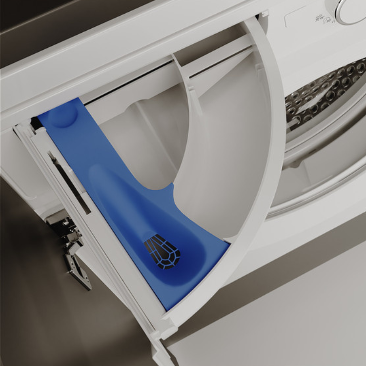 Whirlpool white washing machine with open drawer, blue detergent drawer insert.