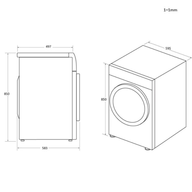 Haier HW100-B14959U1 washing machine dimensions: 850x595x583mm, 10kg, 1400RPM, white.