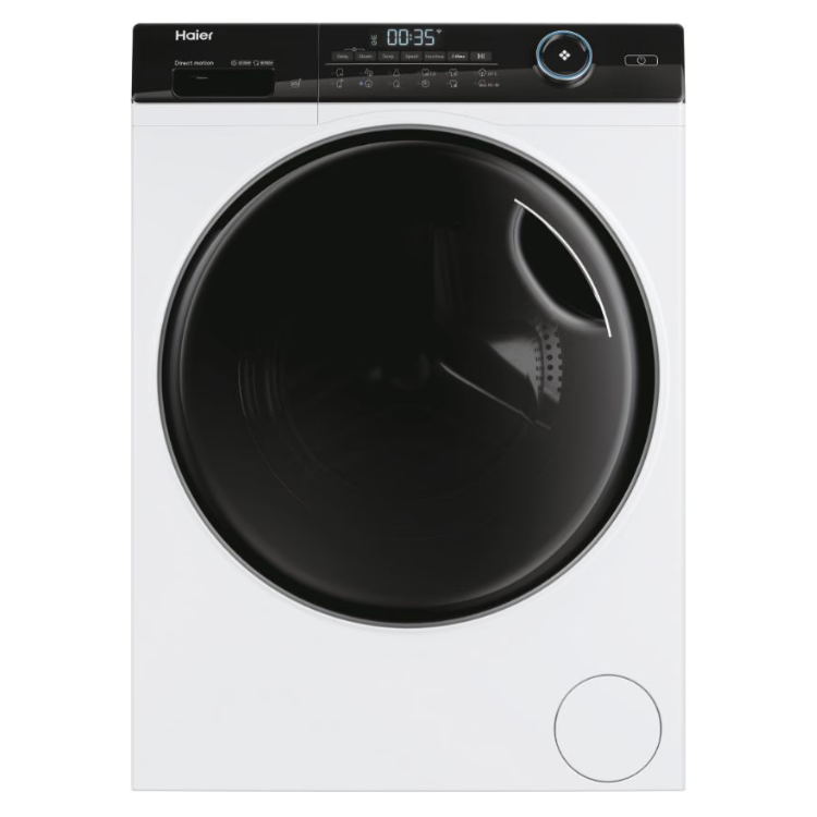 Haier white washing machine with black door and control panel, 10kg capacity, 1400RPM.