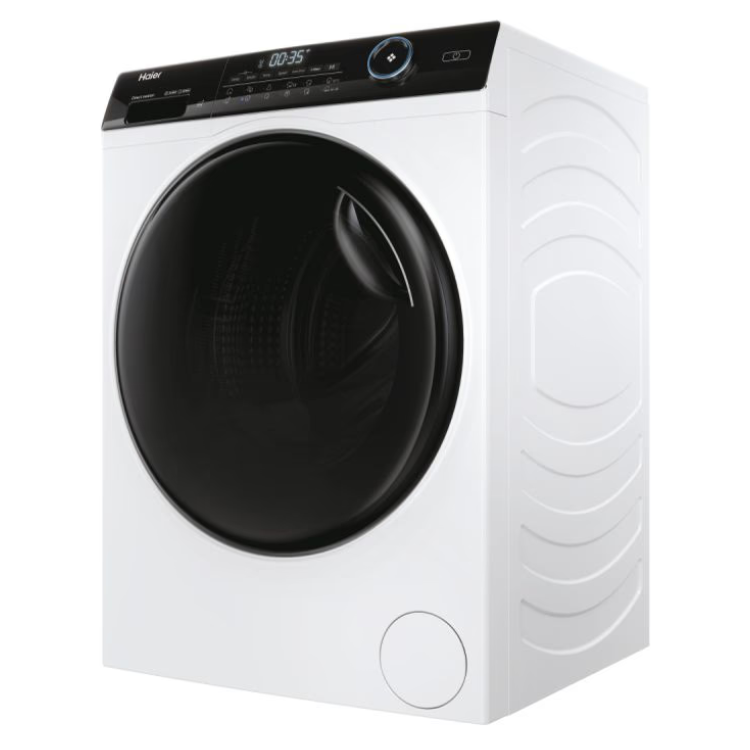 White Haier washing machine,  front loader, black door and control panel.