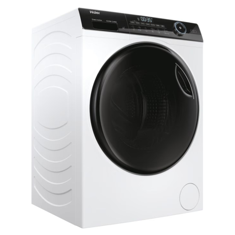 White Haier washing machine, 10Kg, 1400RPM, Class A, black door and control panel.