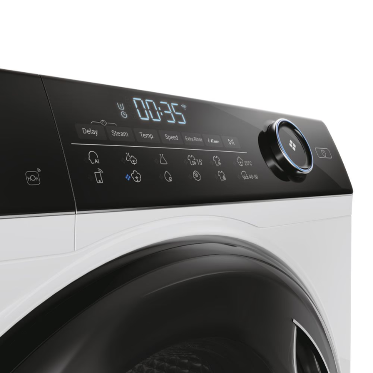 Haier white washing machine control panel, 10kg, 1400RPM, digital display showing 00:35.