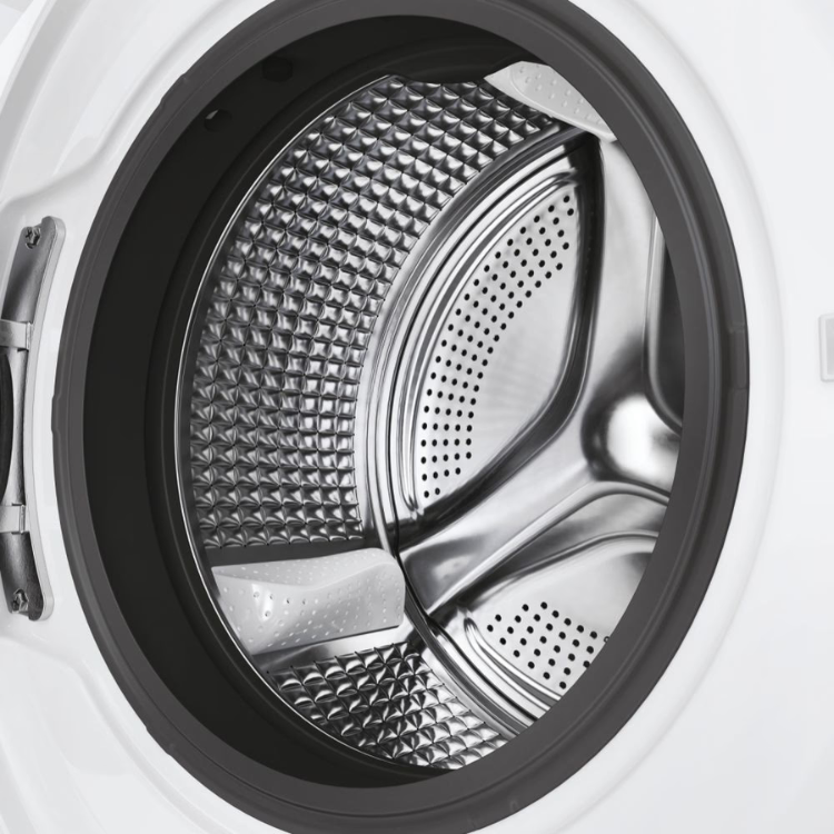 Haier white washing machine drum interior, 10kg capacity, stainless steel.