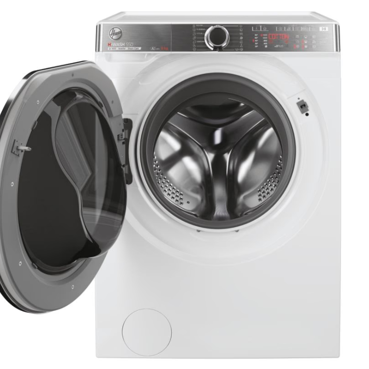 White front-loading washing machine, Hoover H5WPB49AMBC81S, 9Kg, 1400RPM, open door.