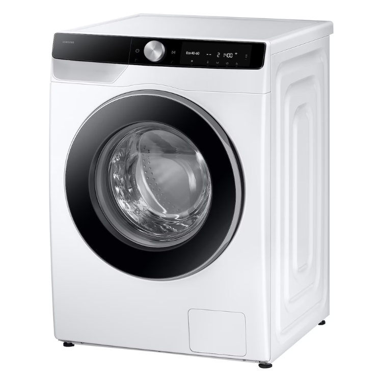 Samsung WW10FG6U34LKU3 white washing machine, 10kg, 1400RPM, front load, black accents.