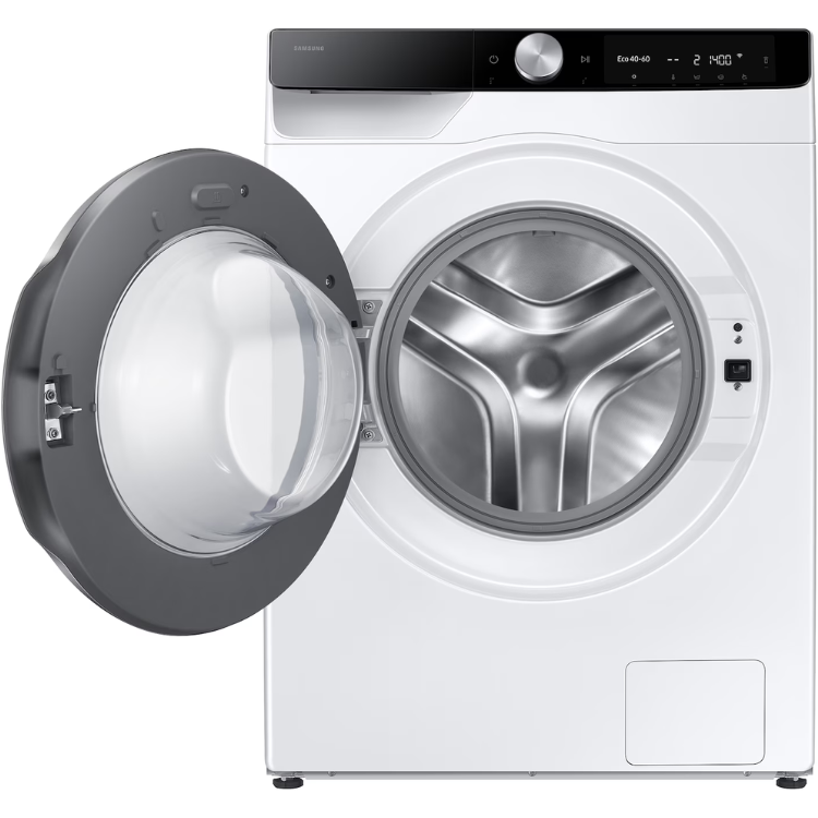 Samsung WW10FG6U34LKU3 white washing machine, 10kg, 1400RPM, open door.