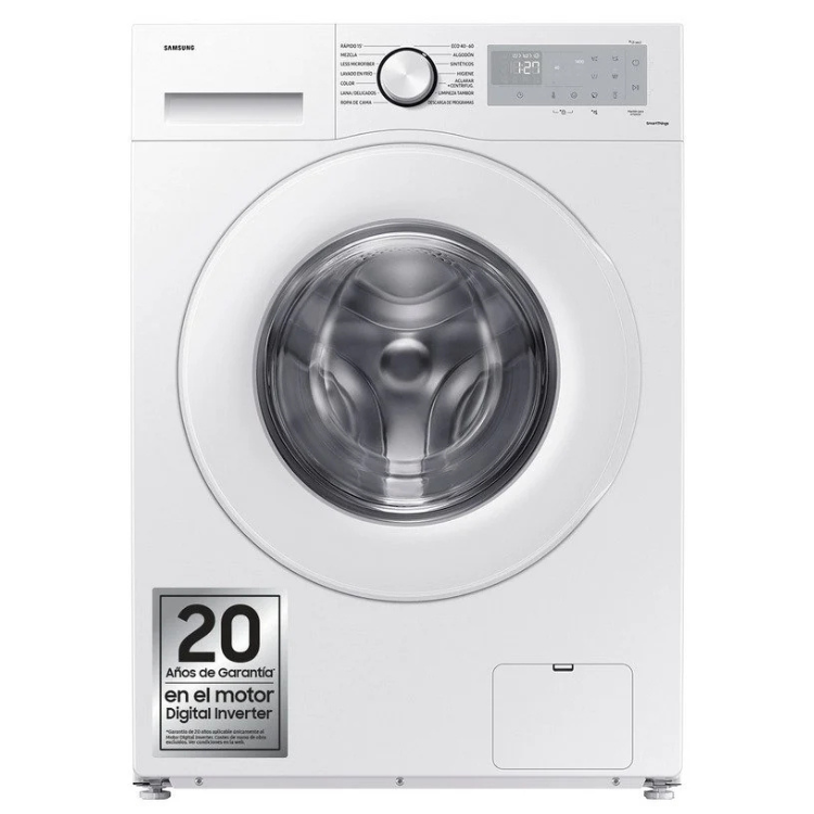 Samsung WW80CGC04DTHEC white washing machine, 8kg, 1400RPM, front view.