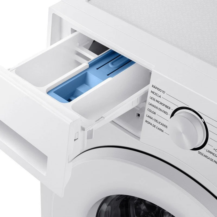 Samsung WW80CGC04DTHEC white washing machine detergent drawer open.