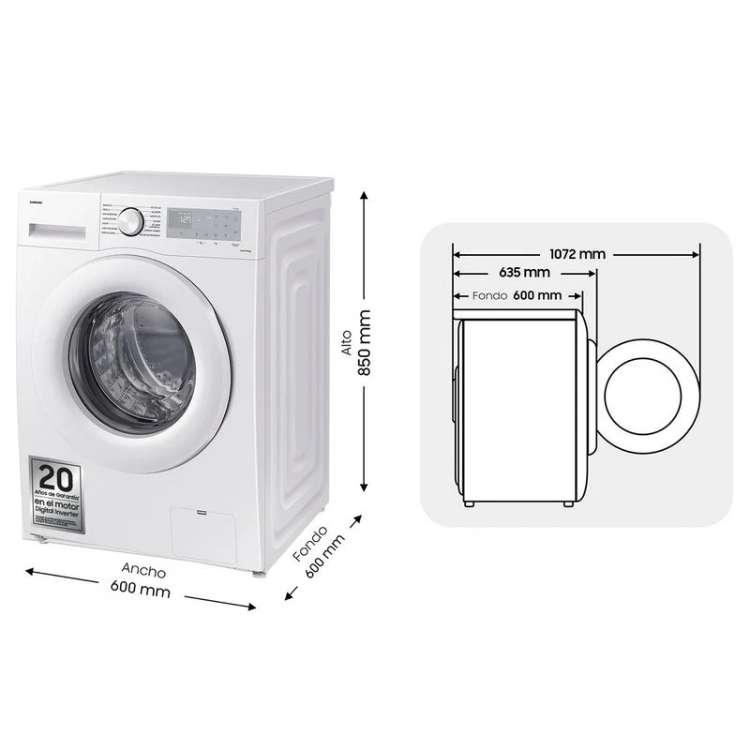 Samsung WW80CGC04DTHEC white washing machine, 8kg, 1400RPM, front view with dimensions.