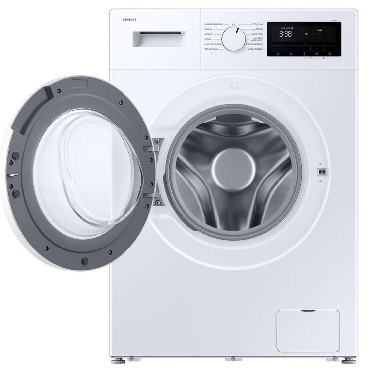 Máquina lavar roupa Samsung WW80FG3M05TWEC, 8Kg, 1400RPM, Classe A, branca, carga frontal.