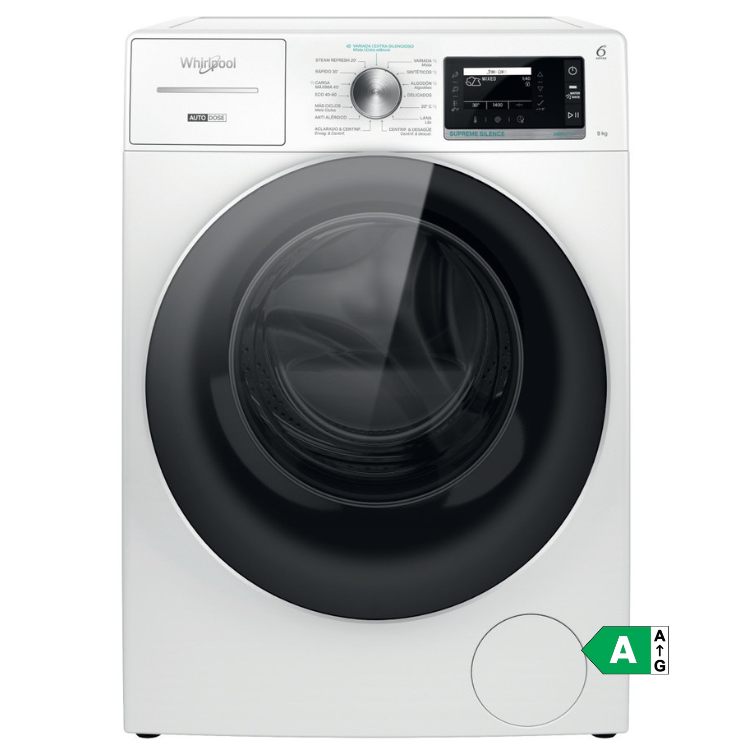 Whirlpool 9kg white front-loading washing machine, 1400RPM, Class A, black door and control panel.
