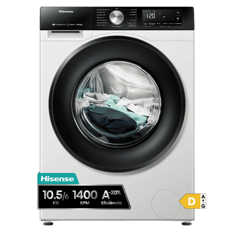 Máquina de Lavar e Secar Roupa Hisense WD3S1043BW3 10.5Kg/6Kg 1400RPM Classe D Branco