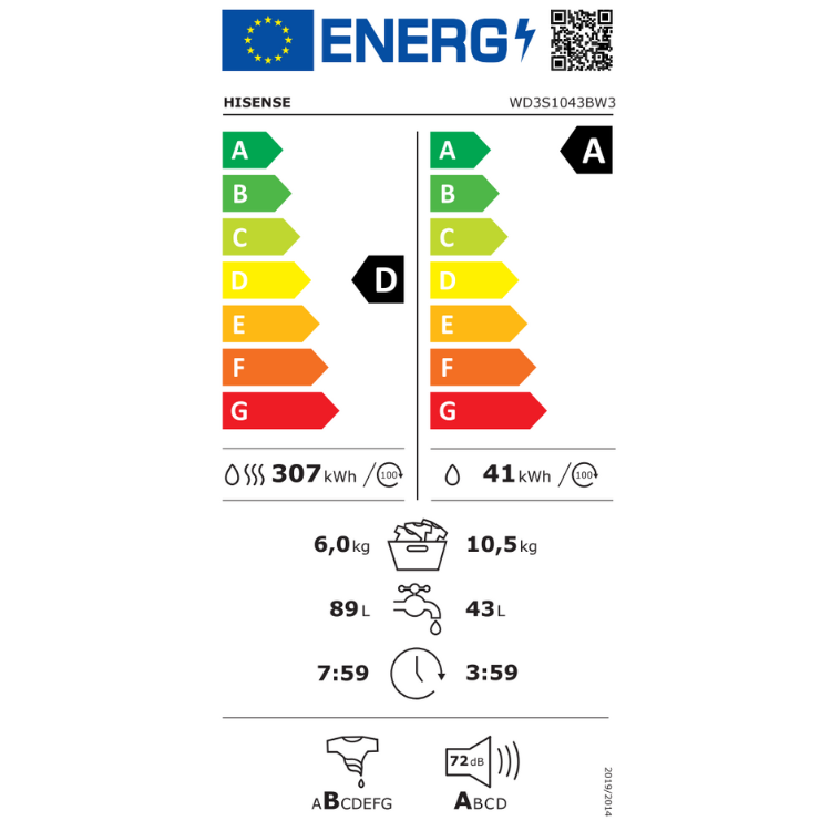 Máquina de Lavar e Secar Roupa Hisense WD3S1043BW3 10.5Kg/6Kg 1400RPM Classe D Branco