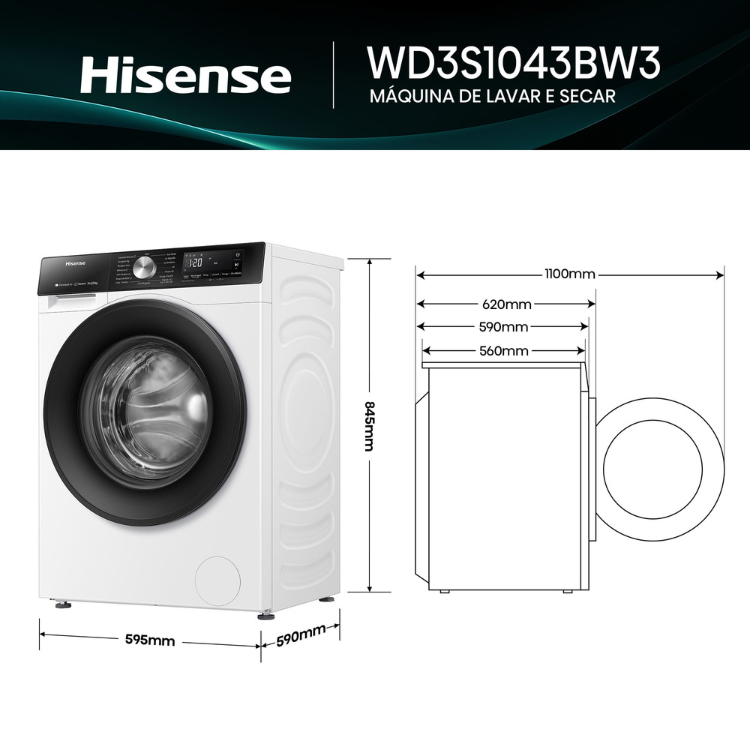 Máquina de Lavar e Secar Roupa Hisense WD3S1043BW3 10.5Kg/6Kg 1400RPM Classe D Branco