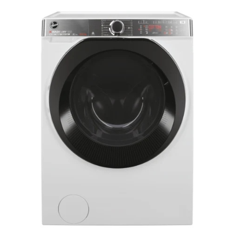 White Hoover washer dryer, front view, black door, digital display.