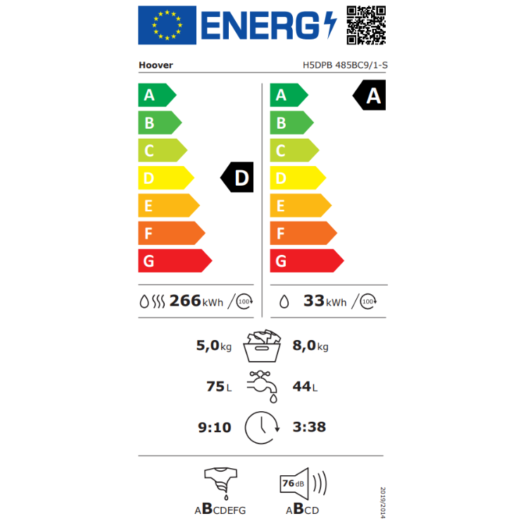 Hoover washer dryer energy label, D rated, 8kg/5kg, 1400RPM, white.