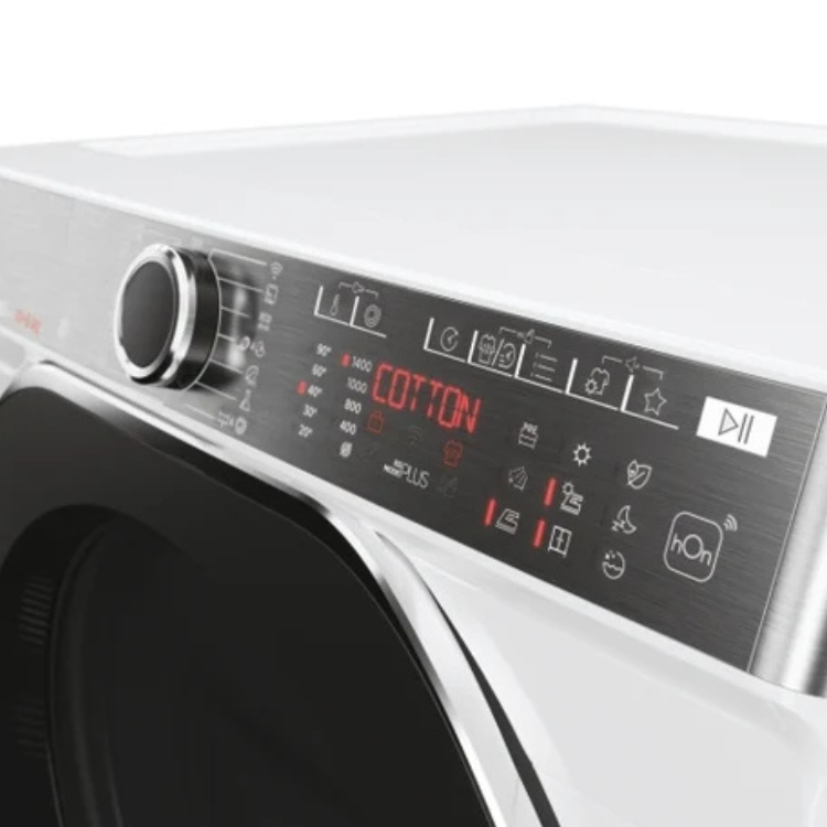White Hoover washer dryer control panel with black dial and red digital display showing "COTTON".