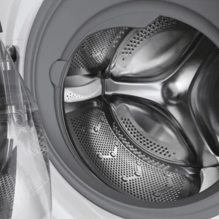 Hoover white washer dryer drum interior, stainless steel, perforated.
