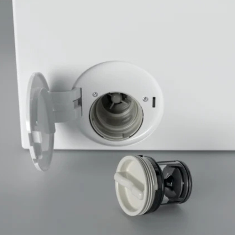 White washing machine drain pump filter, black and white cap, on grey background, Hoover brand.