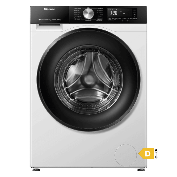 Hisense white washer dryer, 8/5kg, 1400RPM, Class D, front view.