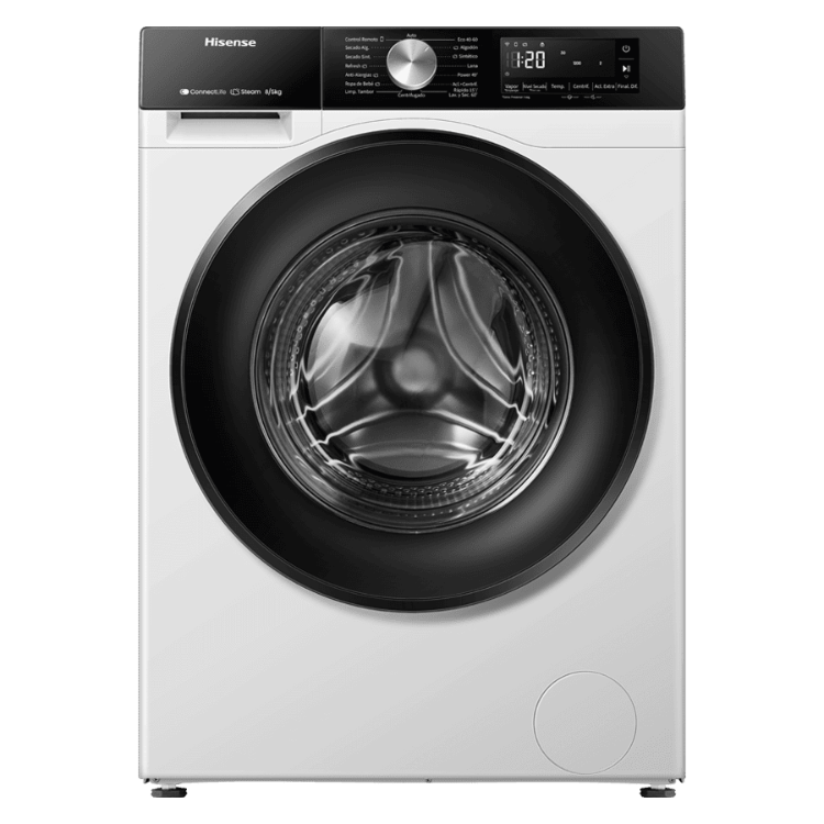 Hisense white washer dryer, front view, black control panel and door.