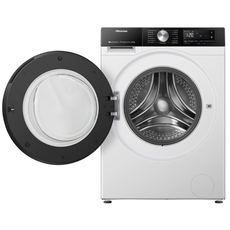 Hisense white washer dryer, open door, black control panel, 8kg/5kg capacity.