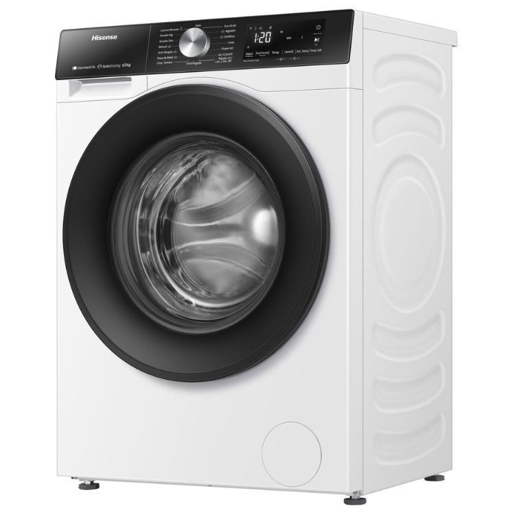 Hisense white washer dryer, 8kg/5kg, black control panel and trim, digital display.