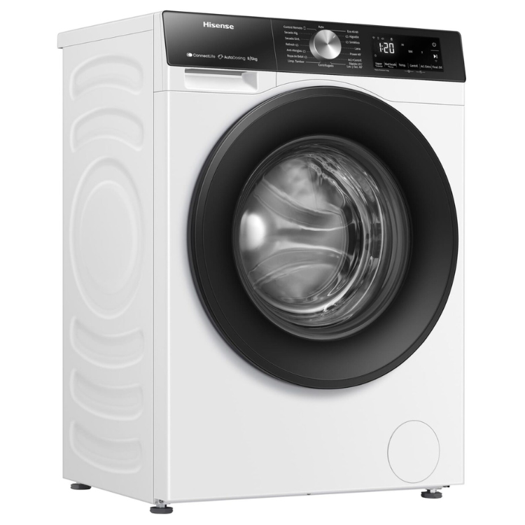Hisense white washer dryer, 8kg/5kg, black control panel and door, digital display.