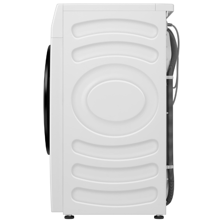 Hisense white washer dryer, rear view, 8kg/5kg capacity, black hose.