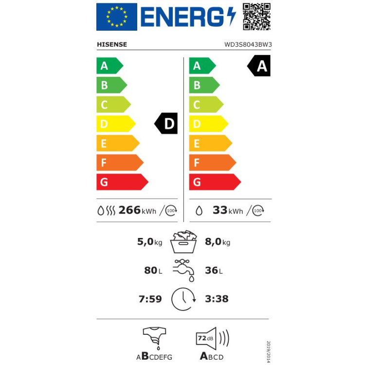 Hisense washer dryer energy label, Class D, 8kg/5kg, A rated energy efficiency.