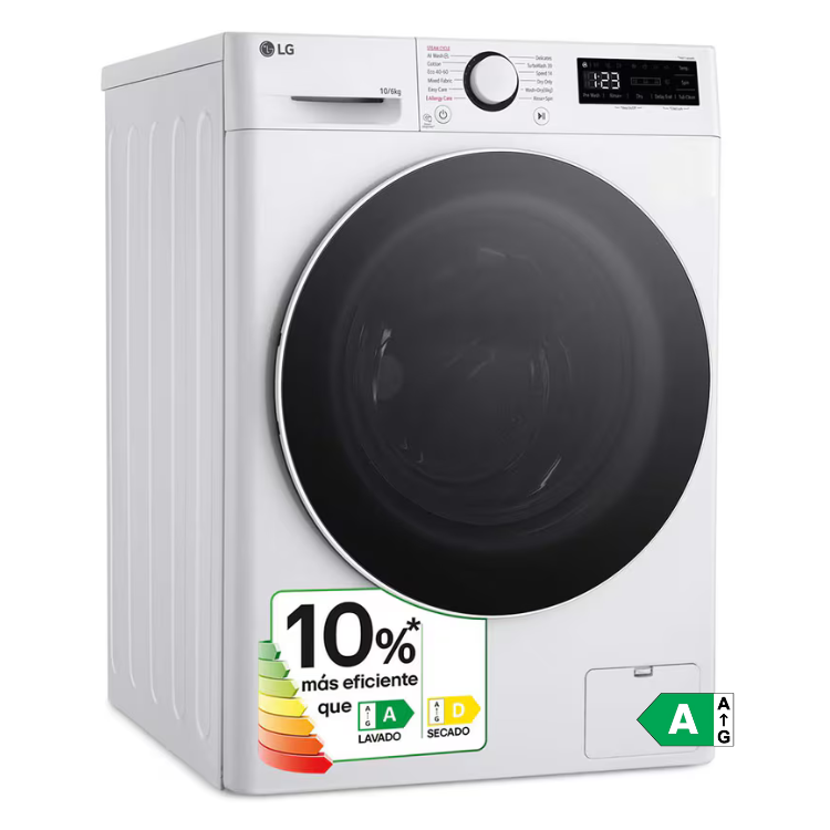 LG white front-loading washer dryer, 10kg/6kg, 1400RPM, Class D, energy efficiency labels.