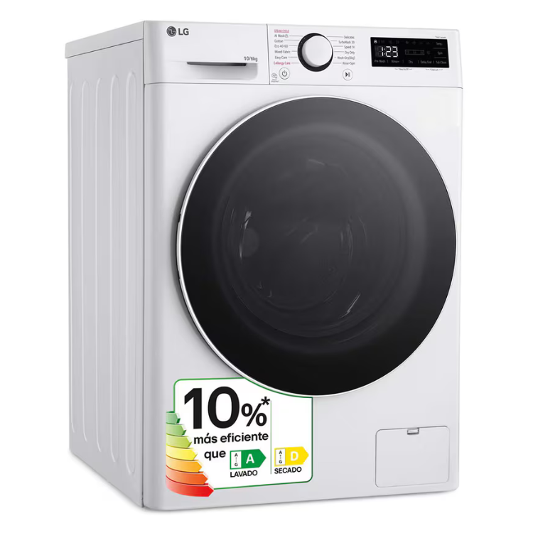 LG white washer dryer, 10kg/6kg, 1400RPM, Class D, energy efficiency label.
