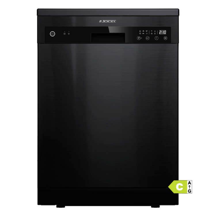 Black Jocel dishwasher, 15 place settings, stainless steel finish.