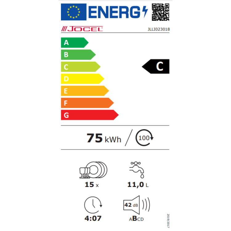 Jocel dishwasher energy label, C rated, 75kWh/100 cycles.