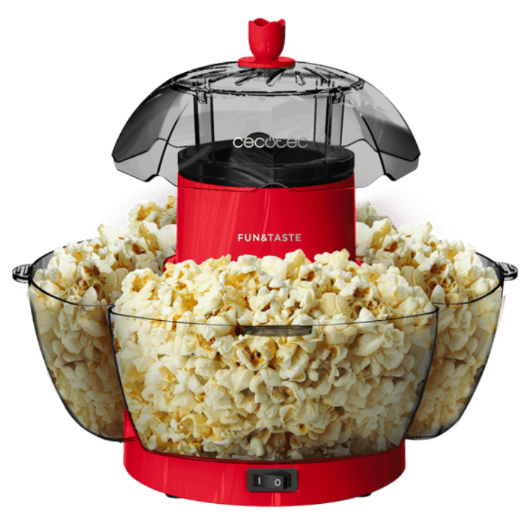 Red Cecotec Fun&Taste P'Corn Lotus popcorn maker with clear lid and bowls filled with popcorn.