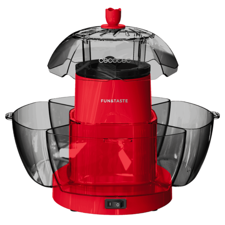 Red Cecotec Fun&Taste P'Corn Lotus popcorn machine with clear lid and bowls.
