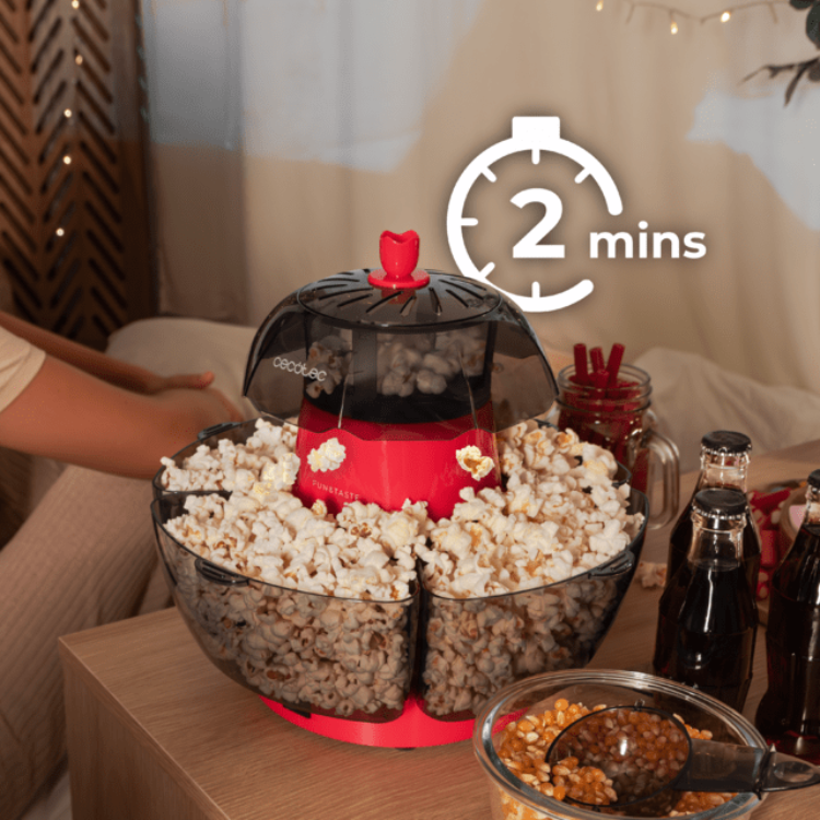 Cecotec Fun&Taste P'Corn Lotus popcorn machine, red and black, with popcorn.