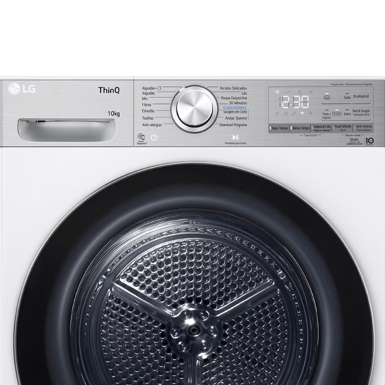 Máquina de Secar Roupa LG ThinQ RH10V9AV2WR, 10kg, branca, com painel de controlo e porta de carga frontal.