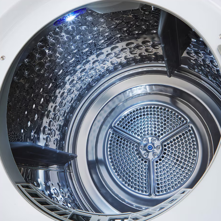 Máquina de Secar Roupa LG, interior com 10kg capacidade, tambor de aço inoxidável e paredes internas com pontos de água, cor branca.