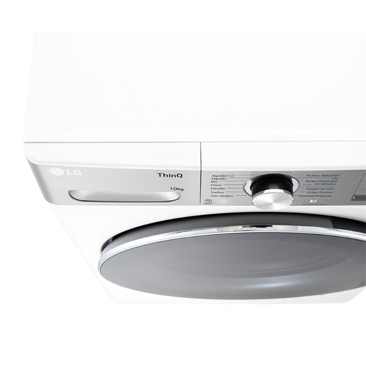 Máquina de secar roupa LG ThinQ 10kg branca com porta aberta e painel de controlo frontal.