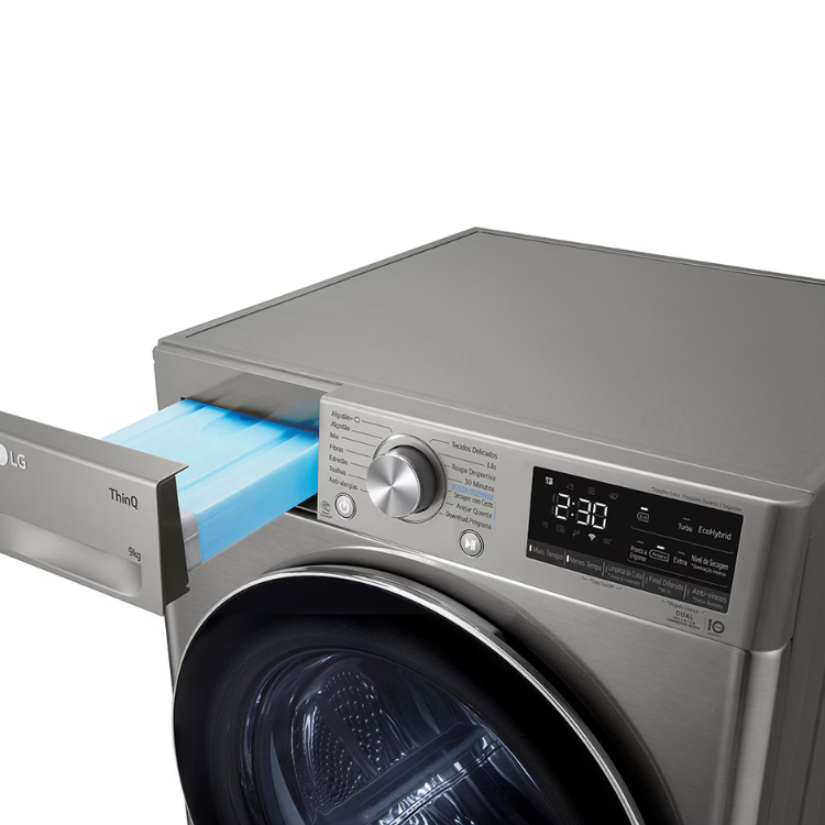 Máquina de Secar Roupa LG RH90V9PV2N, 9Kg, Classe C, Inox, painel digital com display e gaveta de detergente aberta.